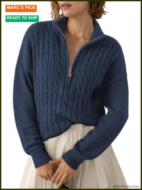 Sweaters - Women's Quarter Zip Ribbed Cable Knit Pullover Long Sleeve V-Neck Sweater